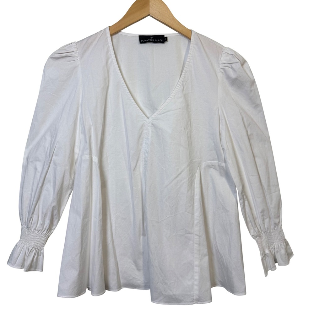 Tuckernuck Pomander Place Women‎ Blouse XS White VNeck Puff Sleeve Cotton Blend